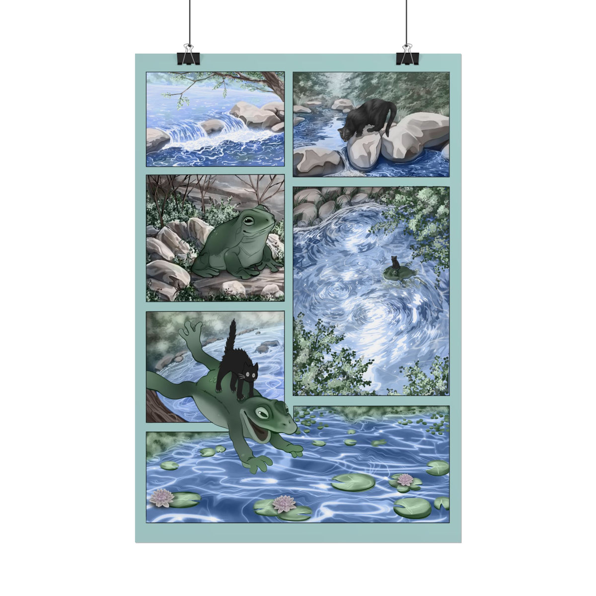 Spring Frog & Cat Comic, Page.1 — Illustrated Nature Rolled Art Print