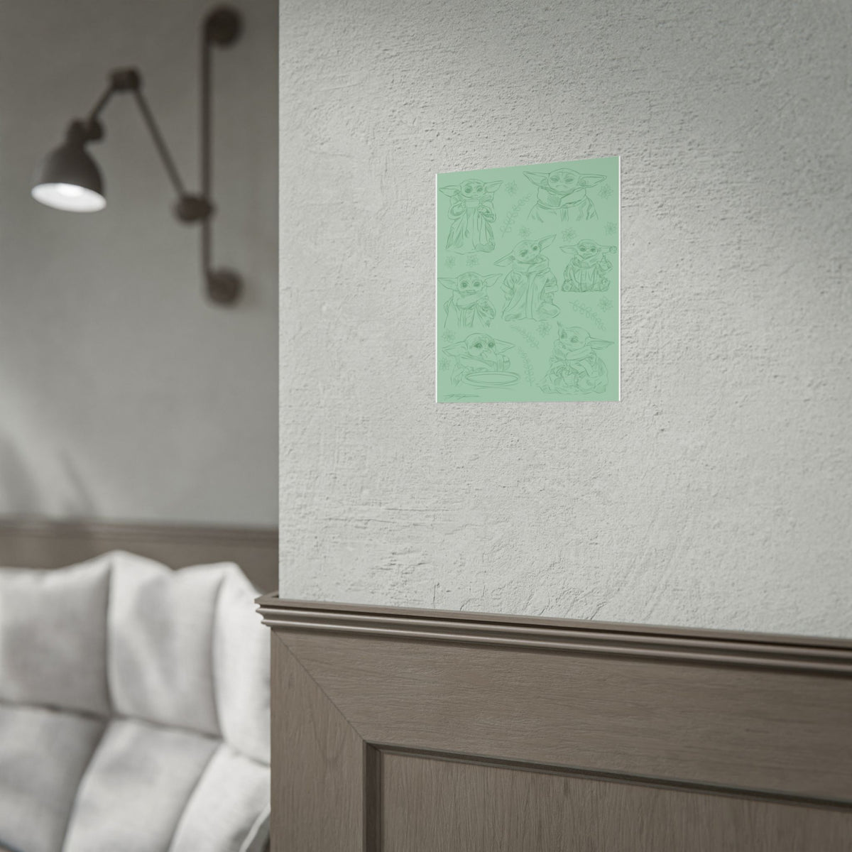 Grogu, Baby Yoda, Rolled Poster — Cute Desert Creature Sketch Pattern on Sage Green