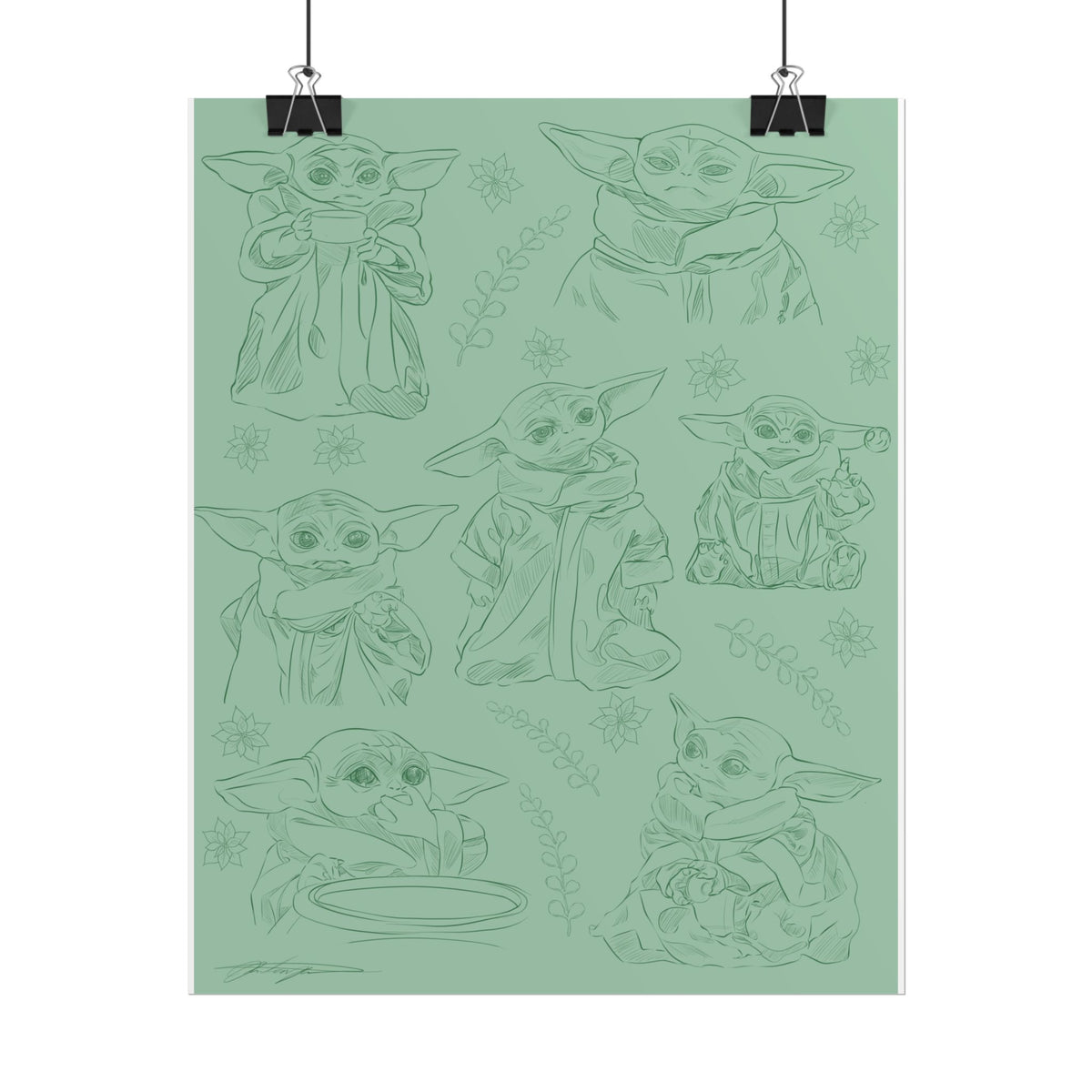 Grogu, Baby Yoda, Rolled Poster — Cute Desert Creature Sketch Pattern on Sage Green