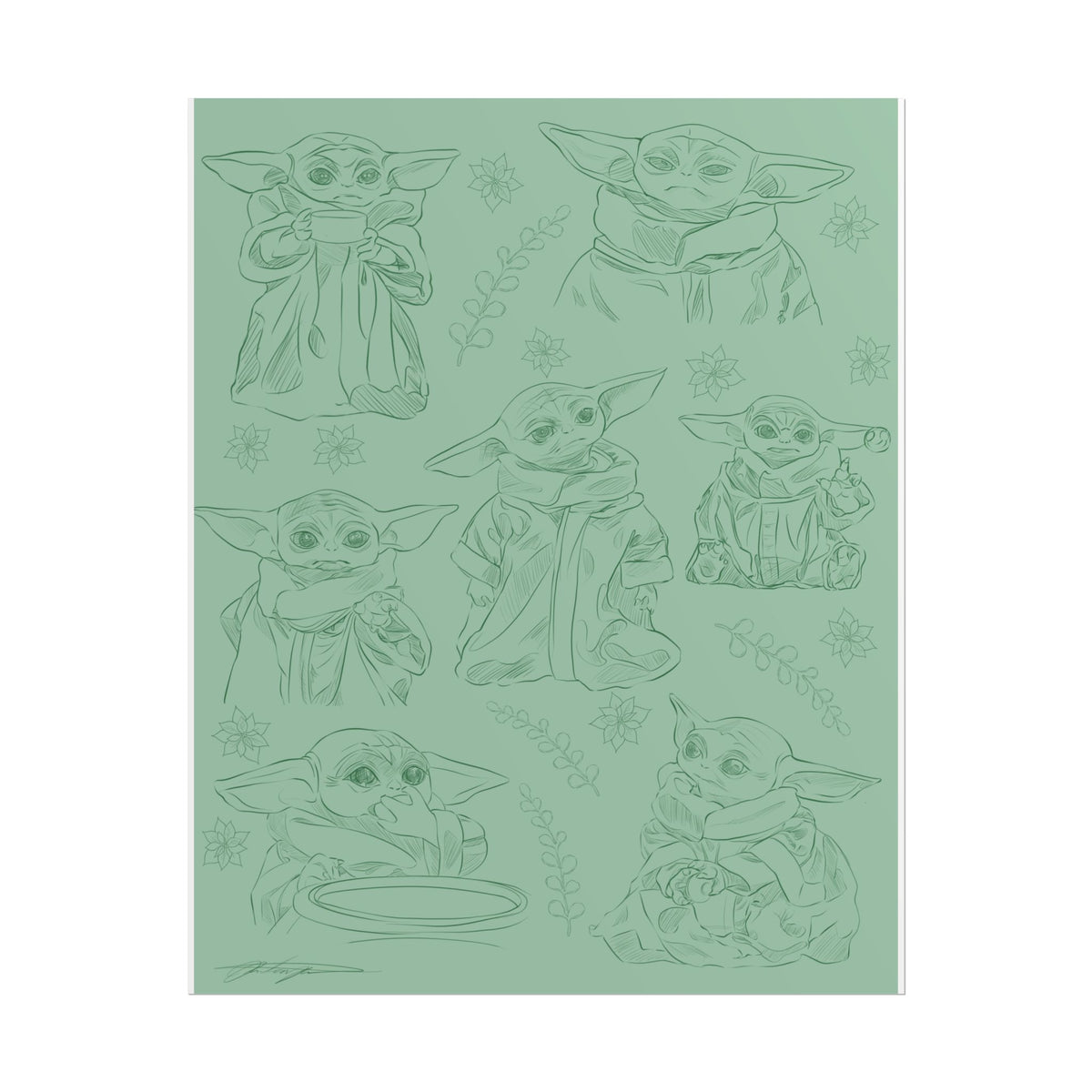 Grogu, Baby Yoda, Rolled Poster — Cute Desert Creature Sketch Pattern on Sage Green