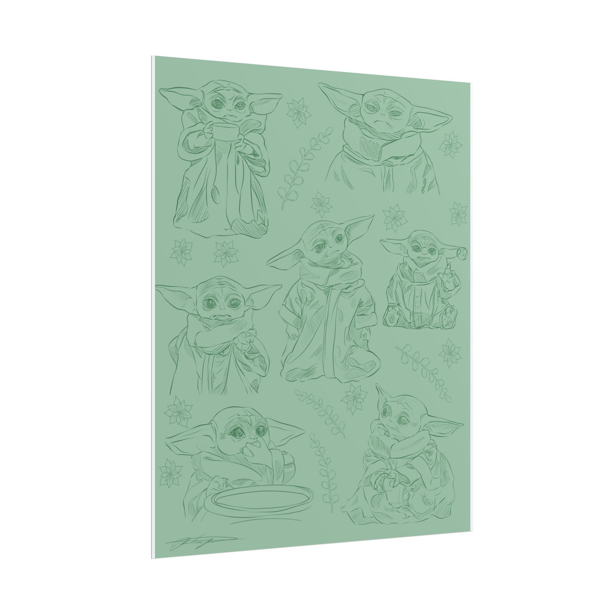 Grogu, Baby Yoda, Rolled Poster — Cute Desert Creature Sketch Pattern on Sage Green