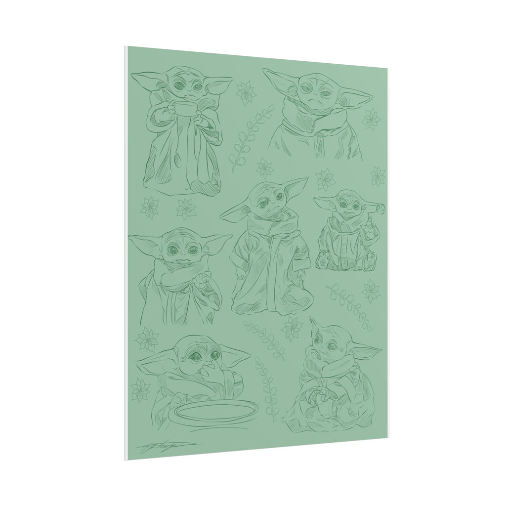 Grogu, Baby Yoda, Rolled Poster — Cute Desert Creature Sketch Pattern on Sage Green