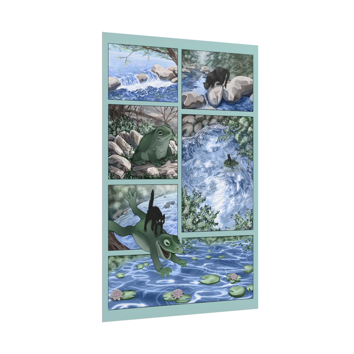 Spring Frog & Cat Comic, Page.1 — Illustrated Nature Rolled Art Print