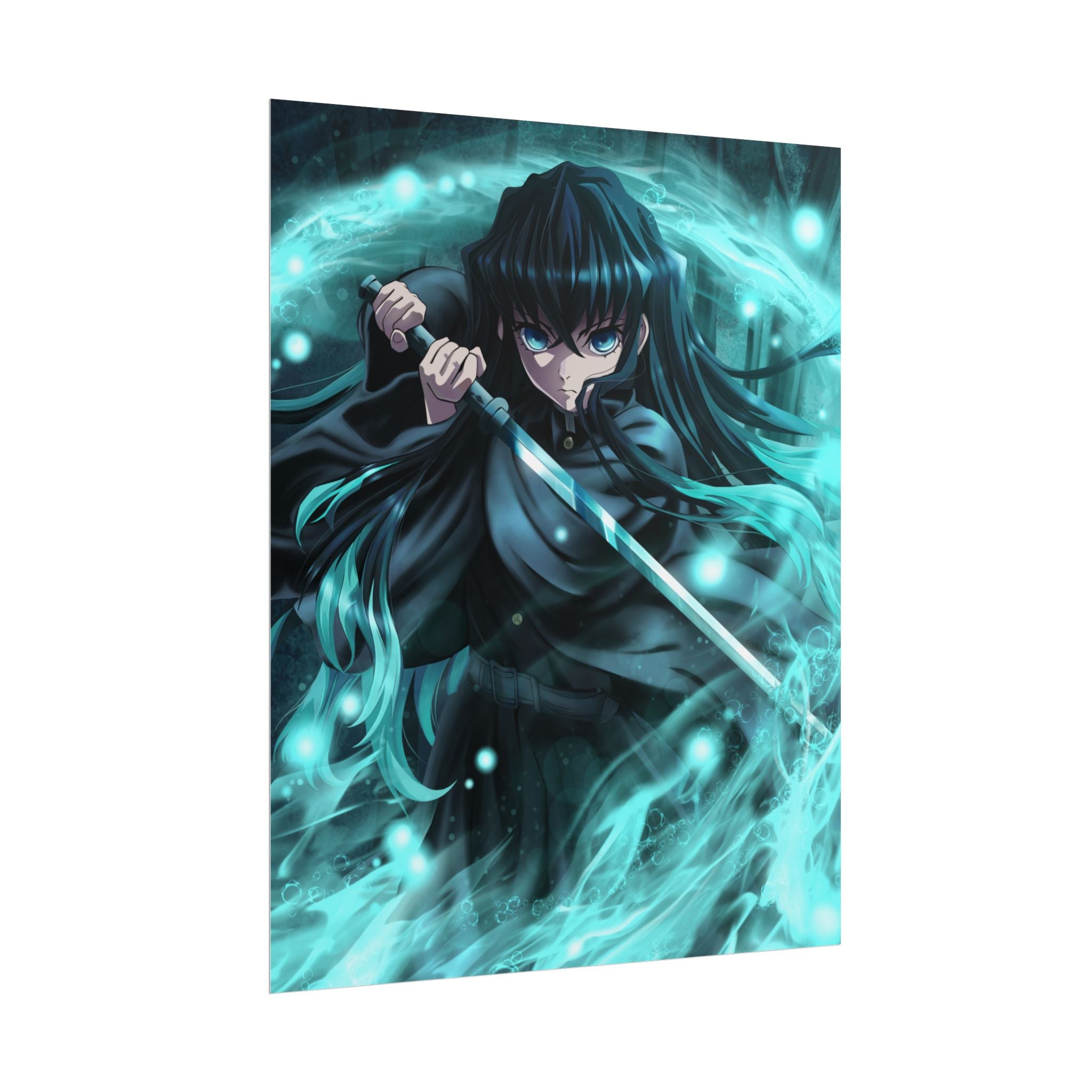 Demon Slayer, Anime Sword Warrior Poster — Mystical Blue Flame Rolled Poster